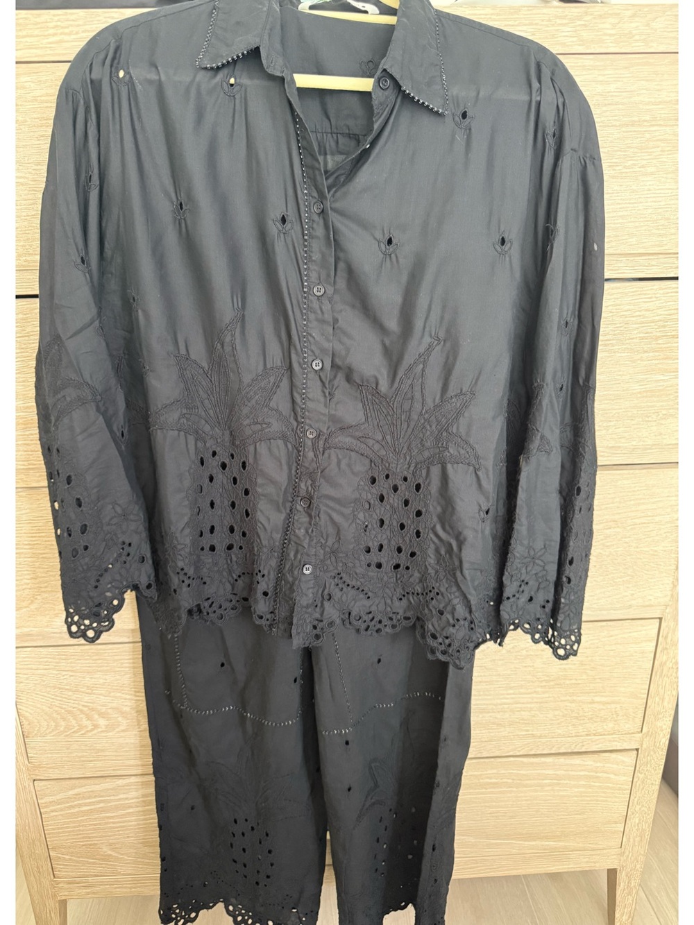 Zara Black Embroidered Eyelet Button-Down Shirt and pants set! Size Small